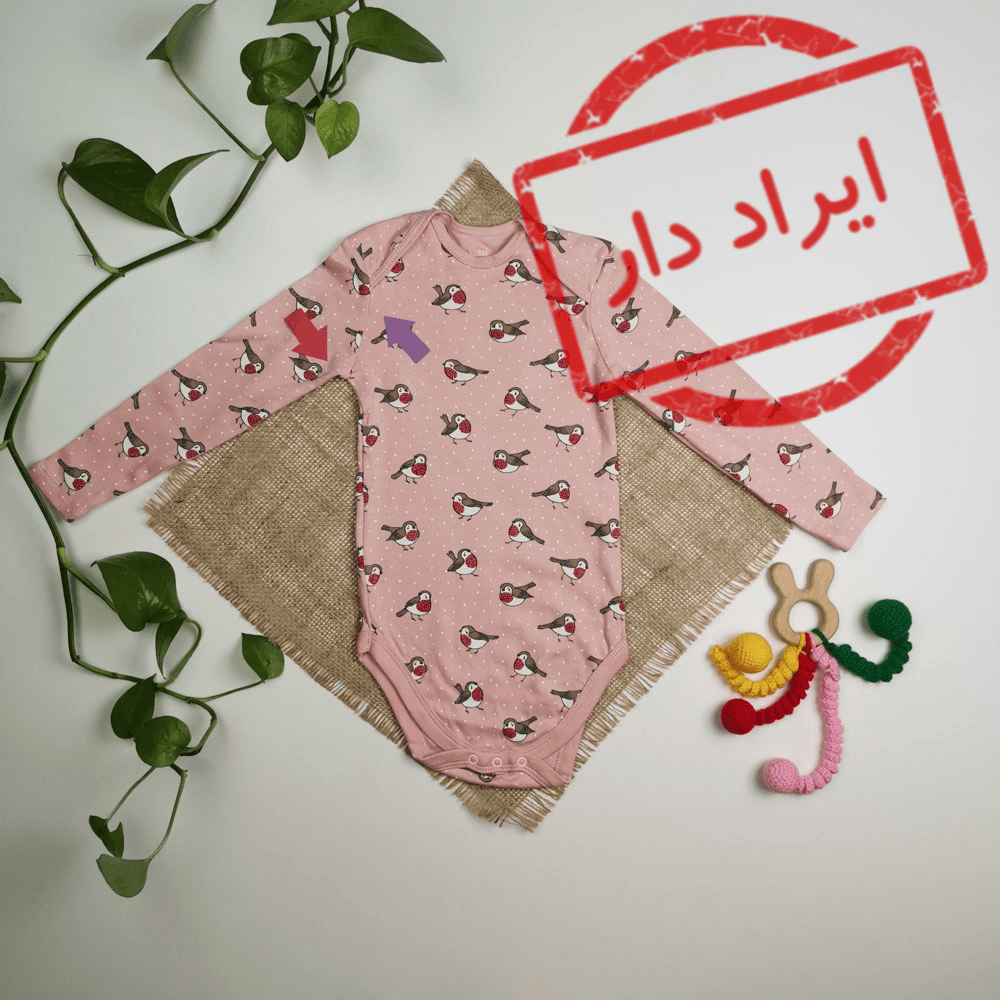 بادی نوزادی دخترانه آستین بلند برند C&A طرح پرنده صورتی رنگ – 12-18 ماه