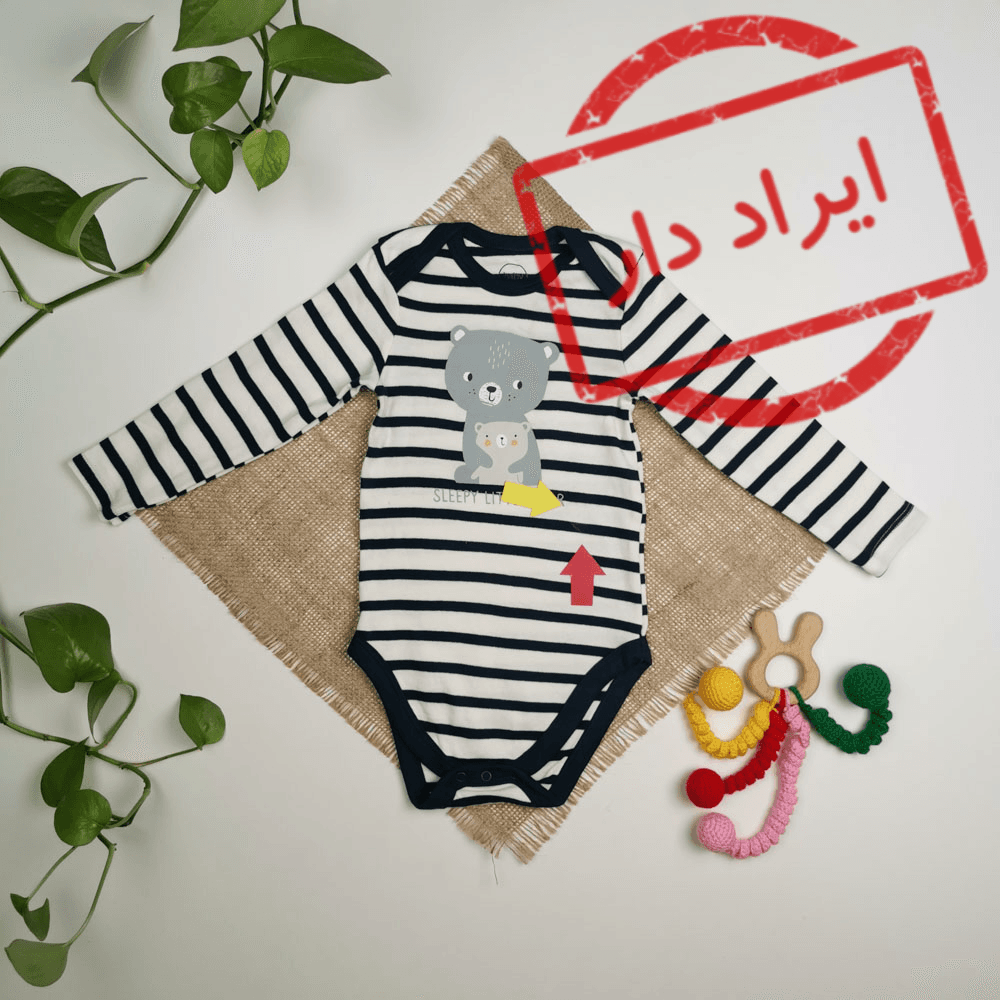 بادی نوزادی آستین بلند برند baby club طرح راه راه سفید رنگ – 9-12 ماه