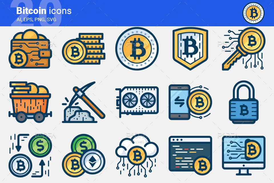 20 آیکون بیت کوین Bitcoin رنگی و خطی به صورت وکتور Bitcoin Icons