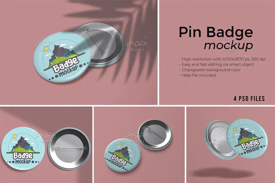 موکاپ پیکسل و سنجاق سینه بشقابی Pin Badge Mockup