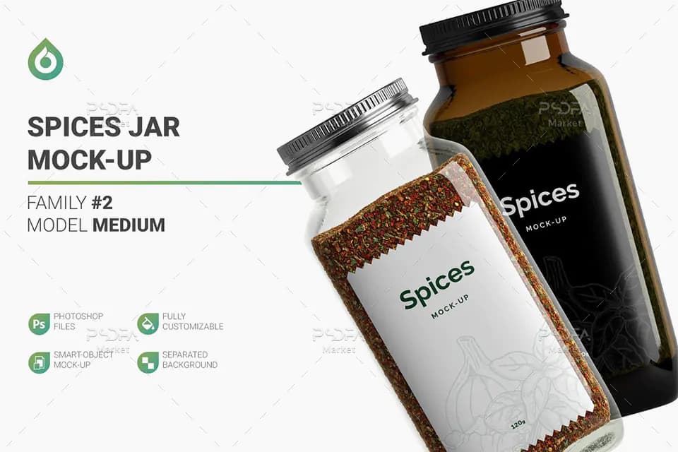 موکاپ ظرف شیشه‌ای ادویه جات متوسط 120 گرمی برای فتوشاپ