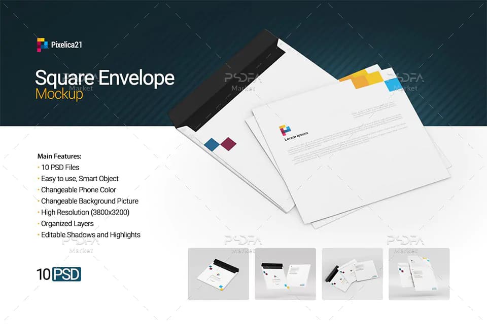 موکاپ پاکت نامه مربعی قابل ویرایش در فتوشاپ Square Envelope Mockup