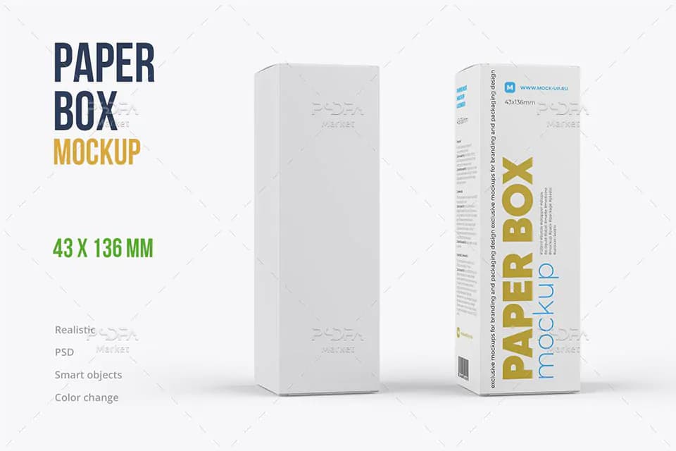 موکاپ جعبه قطره و شیشه دارو 136×43 میلیمتری لایه باز برای فتوشاپ