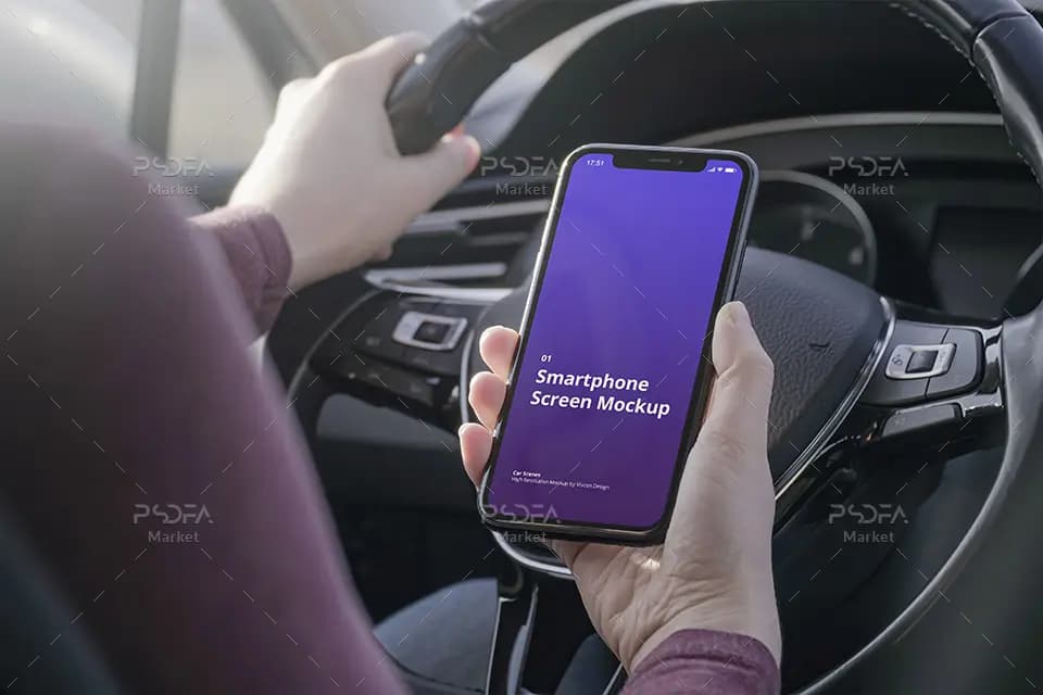 موکاپ موبایل آیفون داخل اتومبیل و ماشین به صورت لایه باز برای فتوشاپ — تصویر ۸
