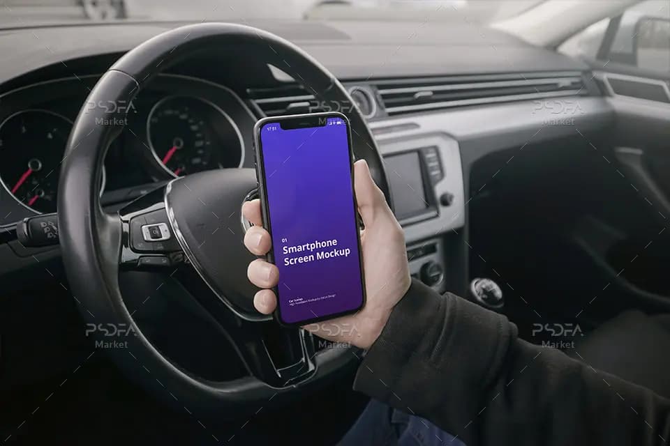 موکاپ موبایل آیفون داخل اتومبیل و ماشین به صورت لایه باز برای فتوشاپ — تصویر ۴