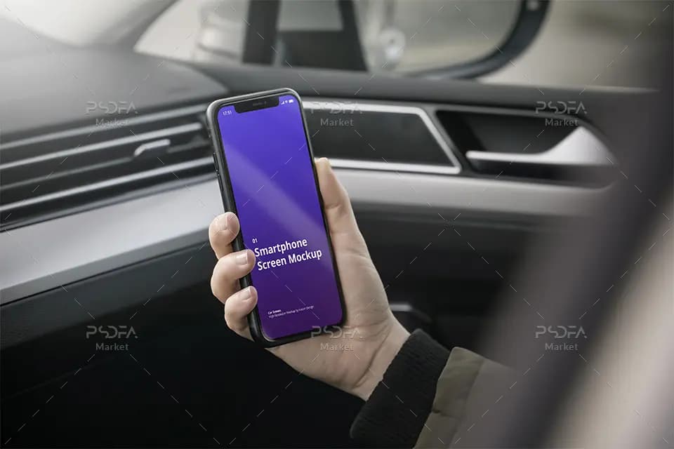 موکاپ موبایل آیفون داخل اتومبیل و ماشین به صورت لایه باز برای فتوشاپ — تصویر ۲