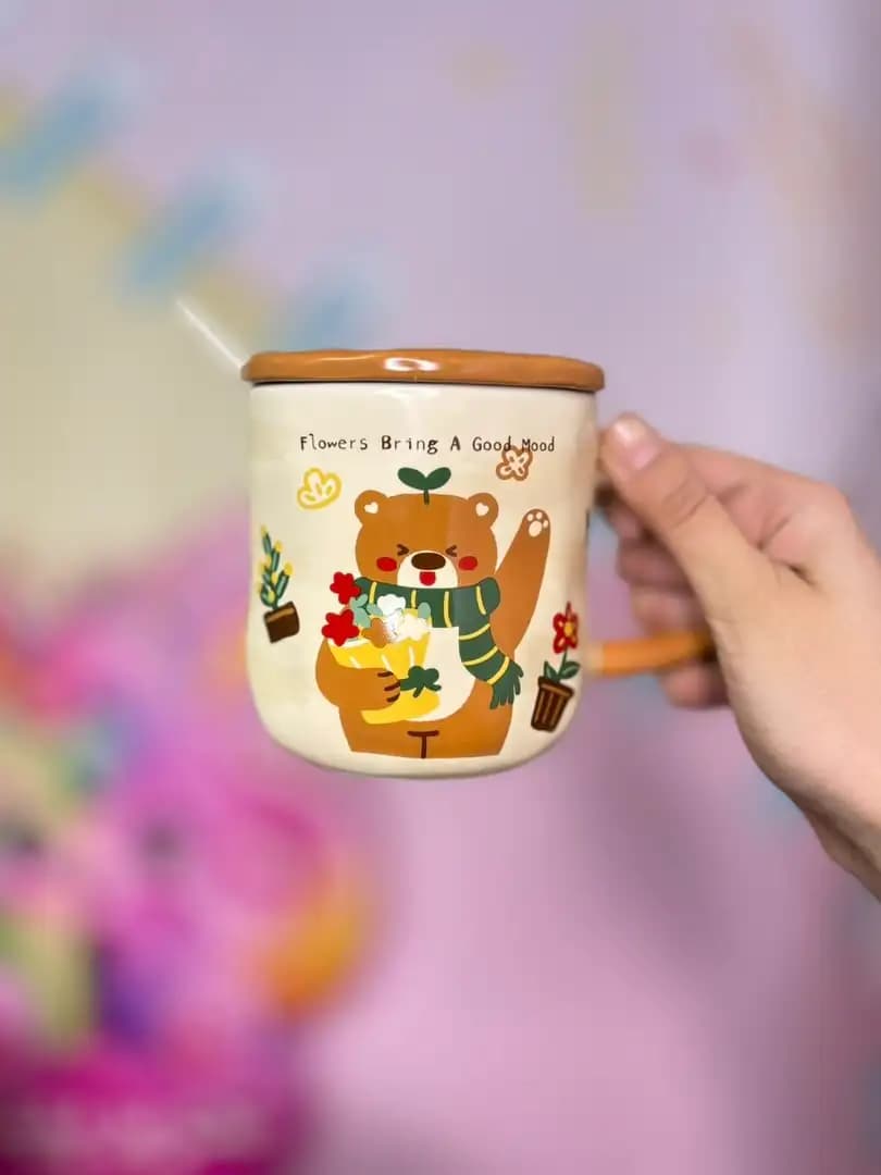 ماگ سرامیکی درپوش دار طرح خرسی