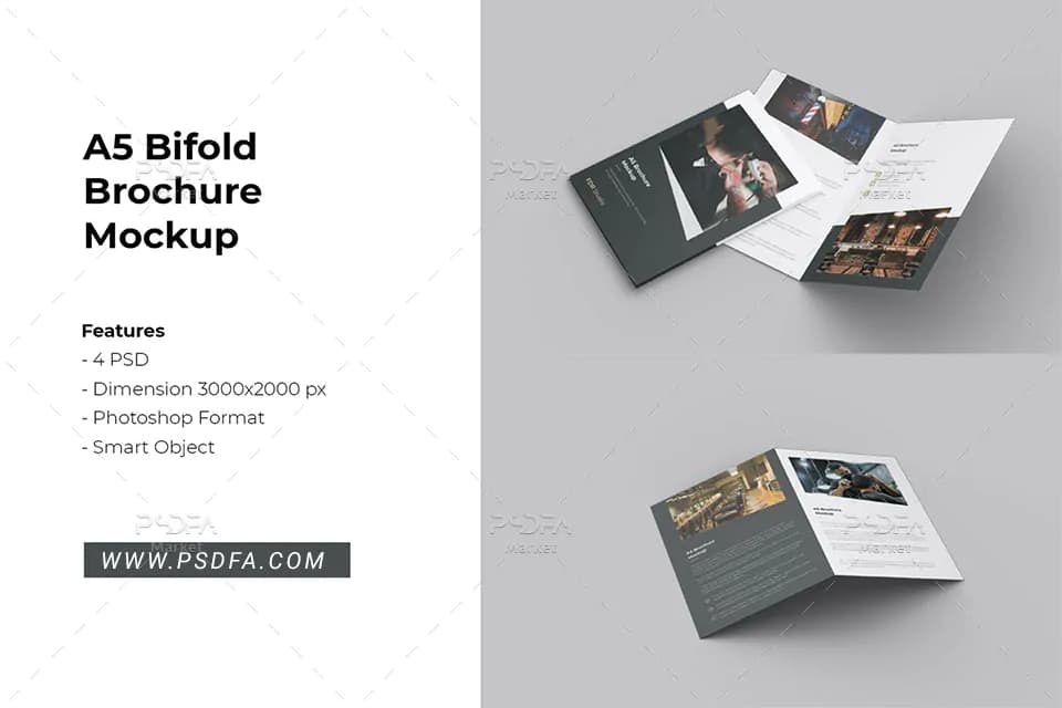 موکاپ بروشور دو لتی A5 در نماهای مختلف برای فتوشاپ