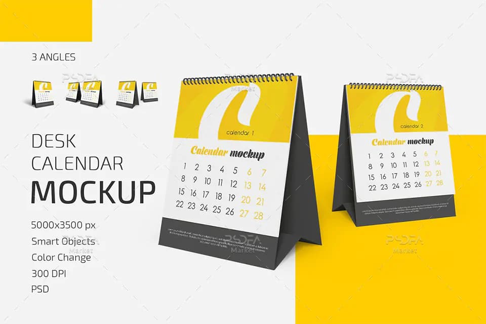 موکاپ تقویم رومیزی در سه حالت و نمای مختلف قابل ویرایش در فتوشاپ
