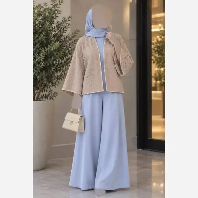 کت و شلوار مجلسی زنانه جنس گیپور دانتل و شلوار مازراتی رنگبندی سایزبندی — تصویر ۲
