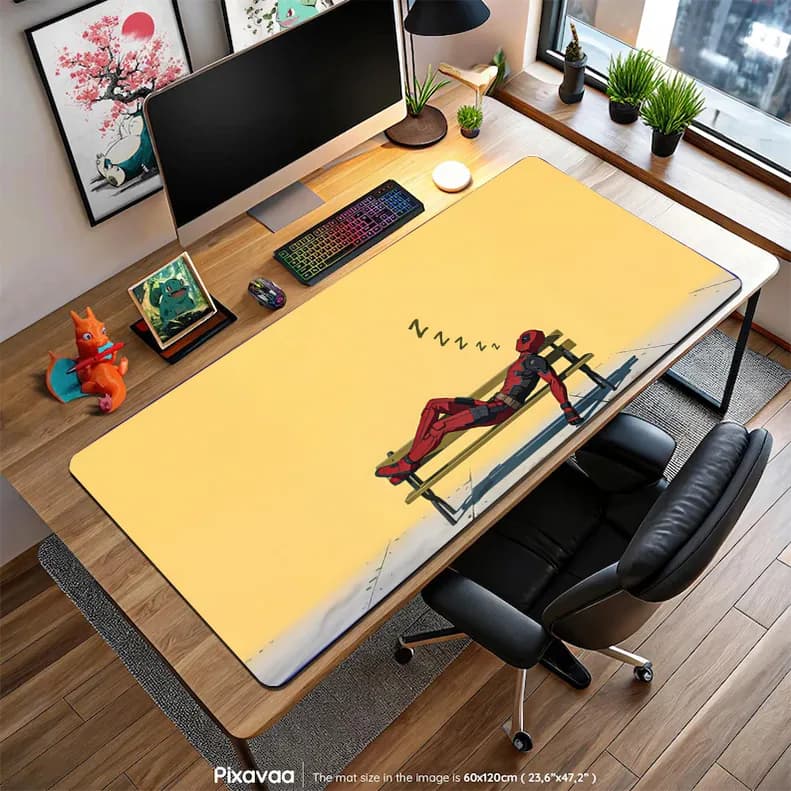 دسک پد فانتزی ددپول در حال استراحت روی صندلی ایستگاه (Deadpool Relaxing on Bench)