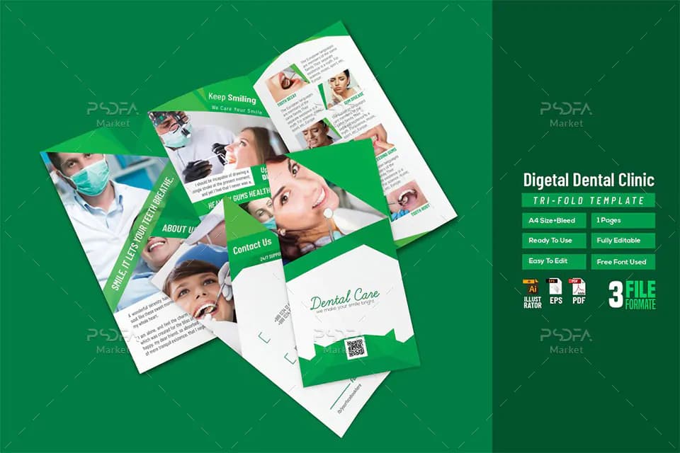 طرح وکتور بروشور 3 لتی دندانپزشکی و مراقبت از دندان برای ایلوستریتور
