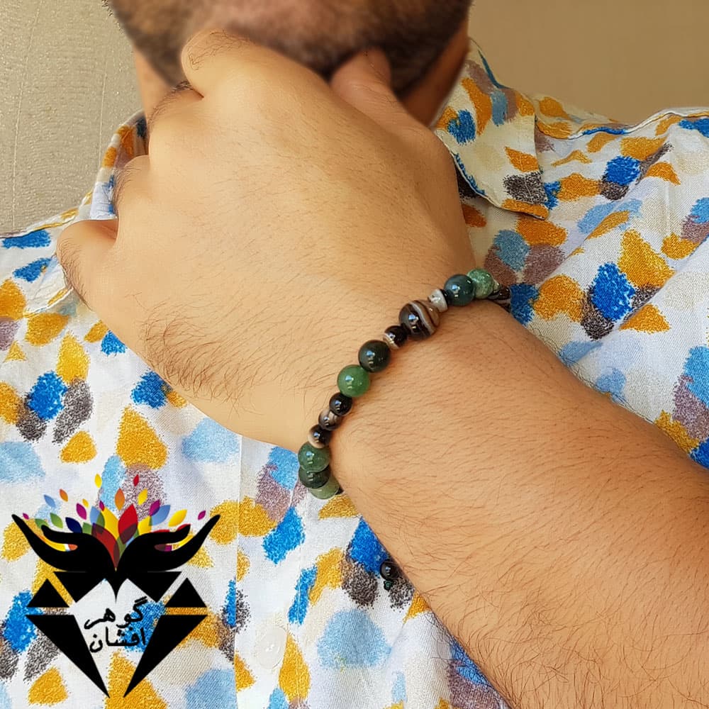 دستبند عقیق خزه ای و عقیق باباقوری اصل اسپرت کد D_1832