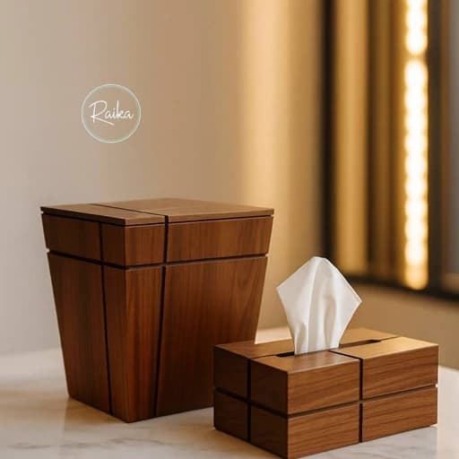 ست سطل و جا دستمال کاغذی چوبی روبیک کیفیت عالی نس چوب MDF کامنا مدل 13145175