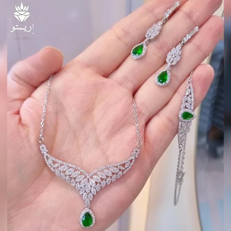 سرویس نقره میکرو جواهری کبود (آبی.قرمز.سبز)با عیار استاندارد 925 و آبکاری طلاسفید