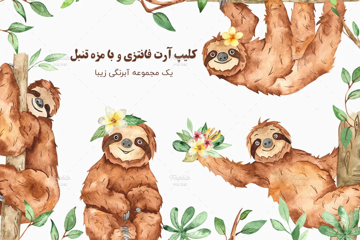 کلیپ آرت خرس تنبل و گل و گیاهان گرمسیری و استوایی آبرنگی + پترن