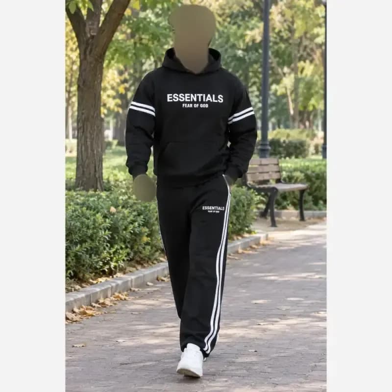 ست هودی شلوار دورس توکرکی طرح ESSENTIALS رنگ مشکی سایز XL و 2XL — تصویر ۳