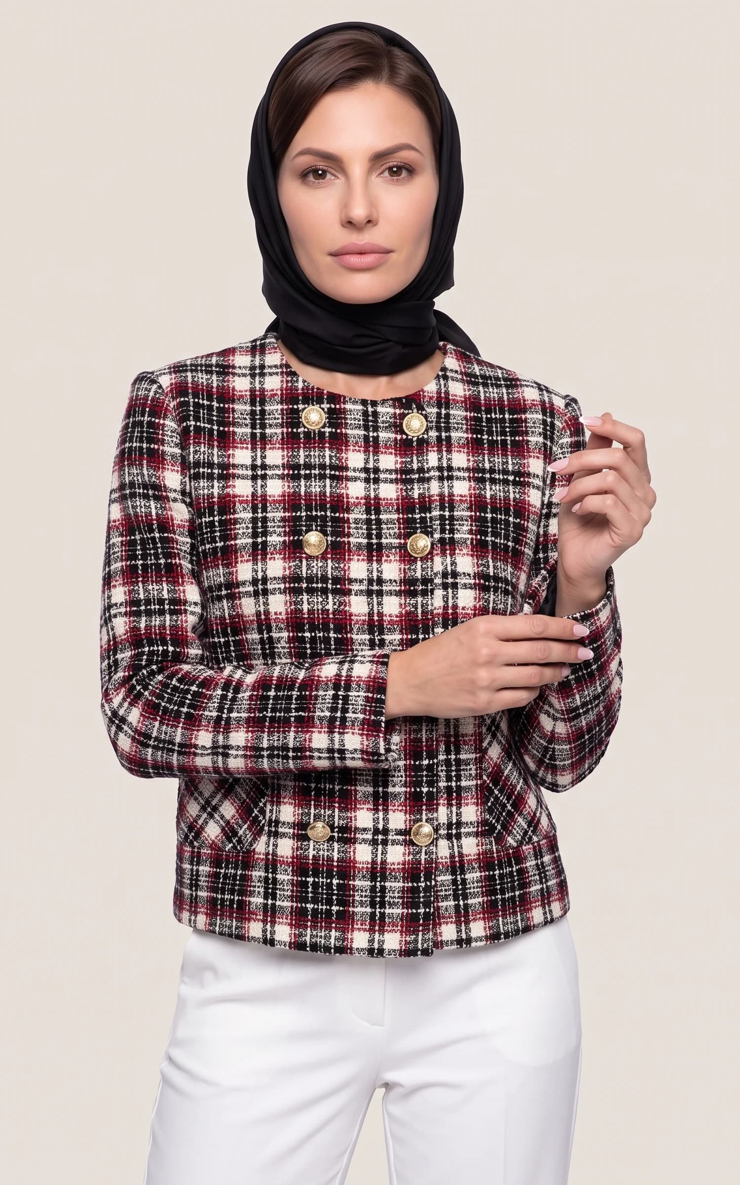 کت تک زنانه چهارخانه قرمز مشکی یقه گرد دکمه‌دار آستین بلند nevado کد 404013111560 — تصویر ۲