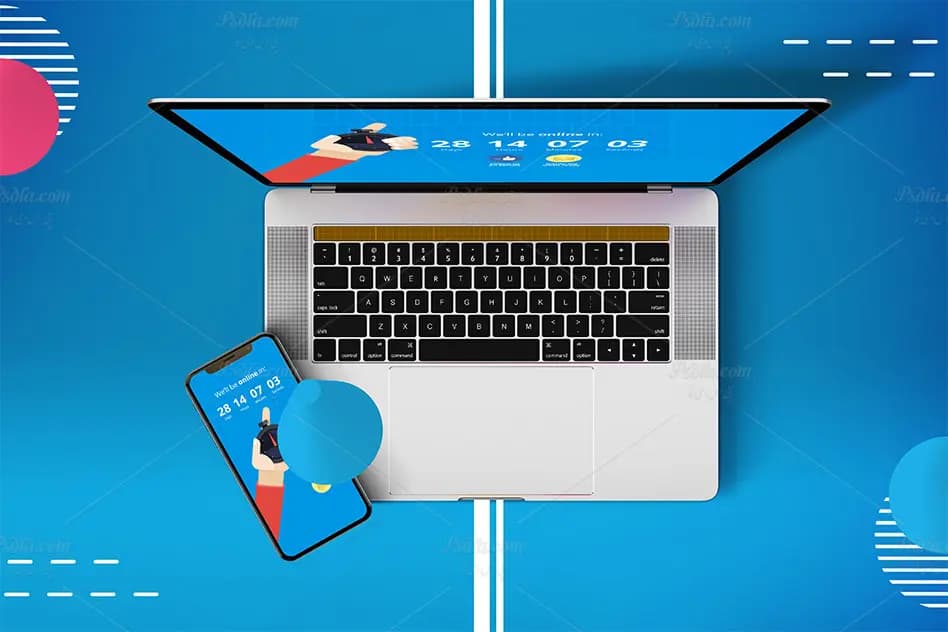 موکاپ مک‌بوک پرو و آیفون X انتزاعی لایه باز برای فتوشاپ — تصویر ۲