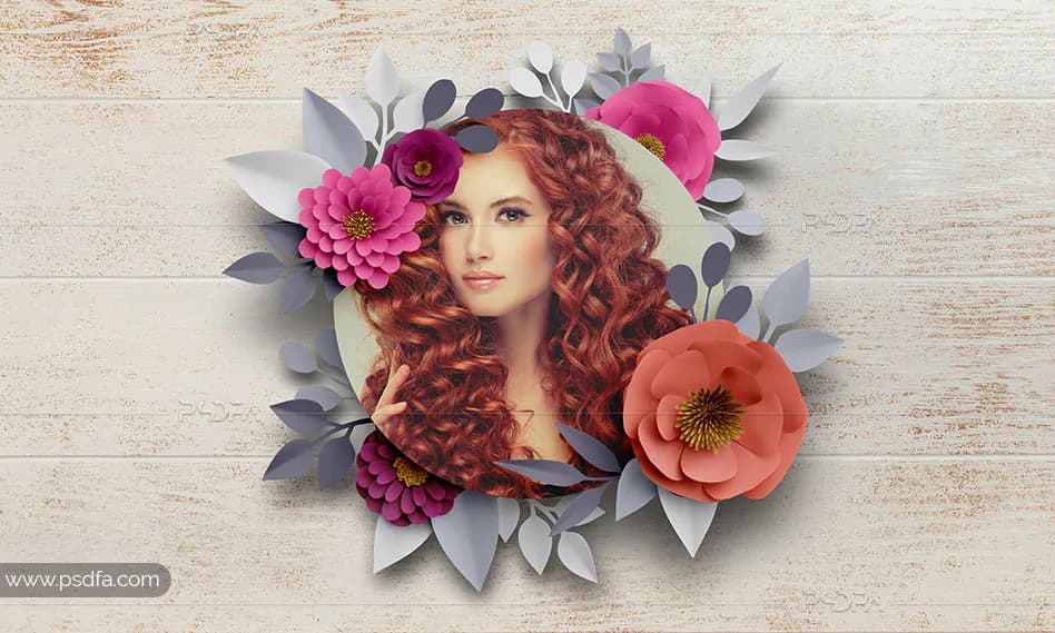 موکاپ قاب و فریم دایره‌ای لایه باز با گل‌های کاغذی برای فتوشاپ