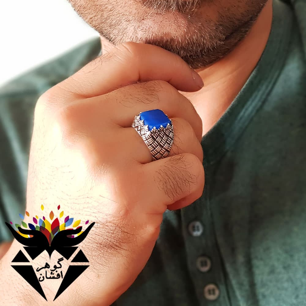 انگشتر عقیق آبی اصل مردانه R3094
