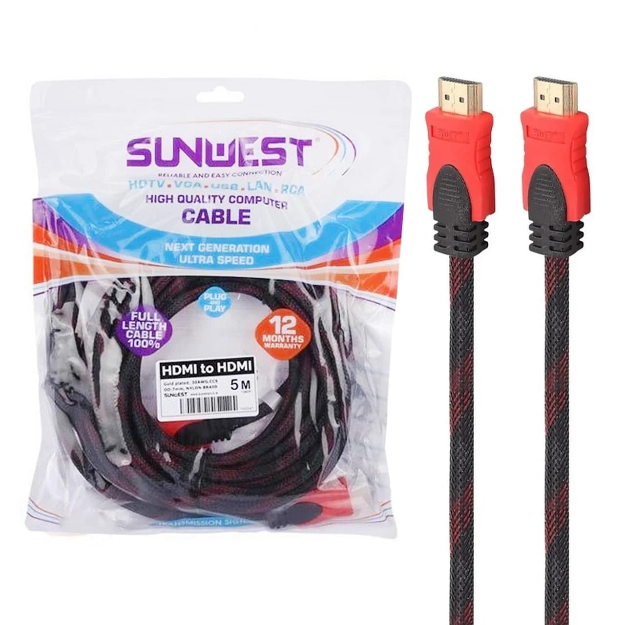 کابل 5 متری کنفی SunWest HDMI – مشکی قرمز – TCO