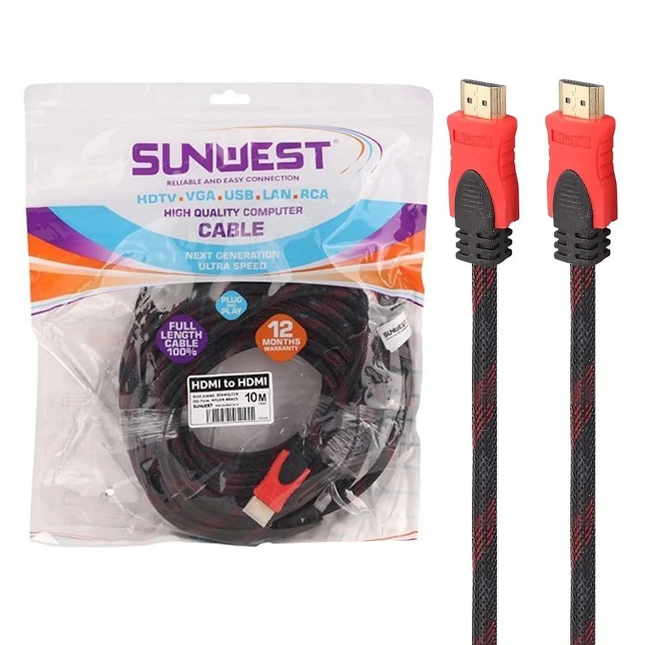کابل 10 متری کنفی SunWest HDMI – مشکی قرمز – TCO