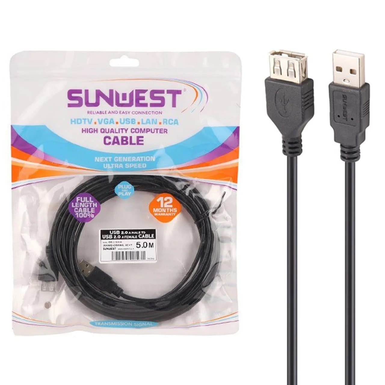 کابل افزایش طول 5 متری SunWest USB2.0 – مشکی – TCO