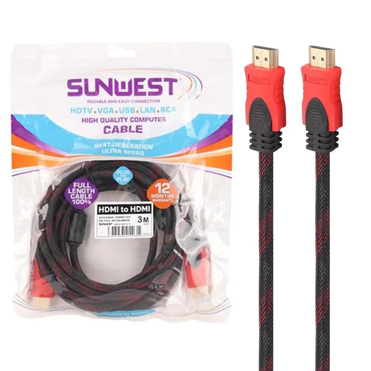 کابل 3 متری کنفی SunWest HDMI – مشکی قرمز – TCO