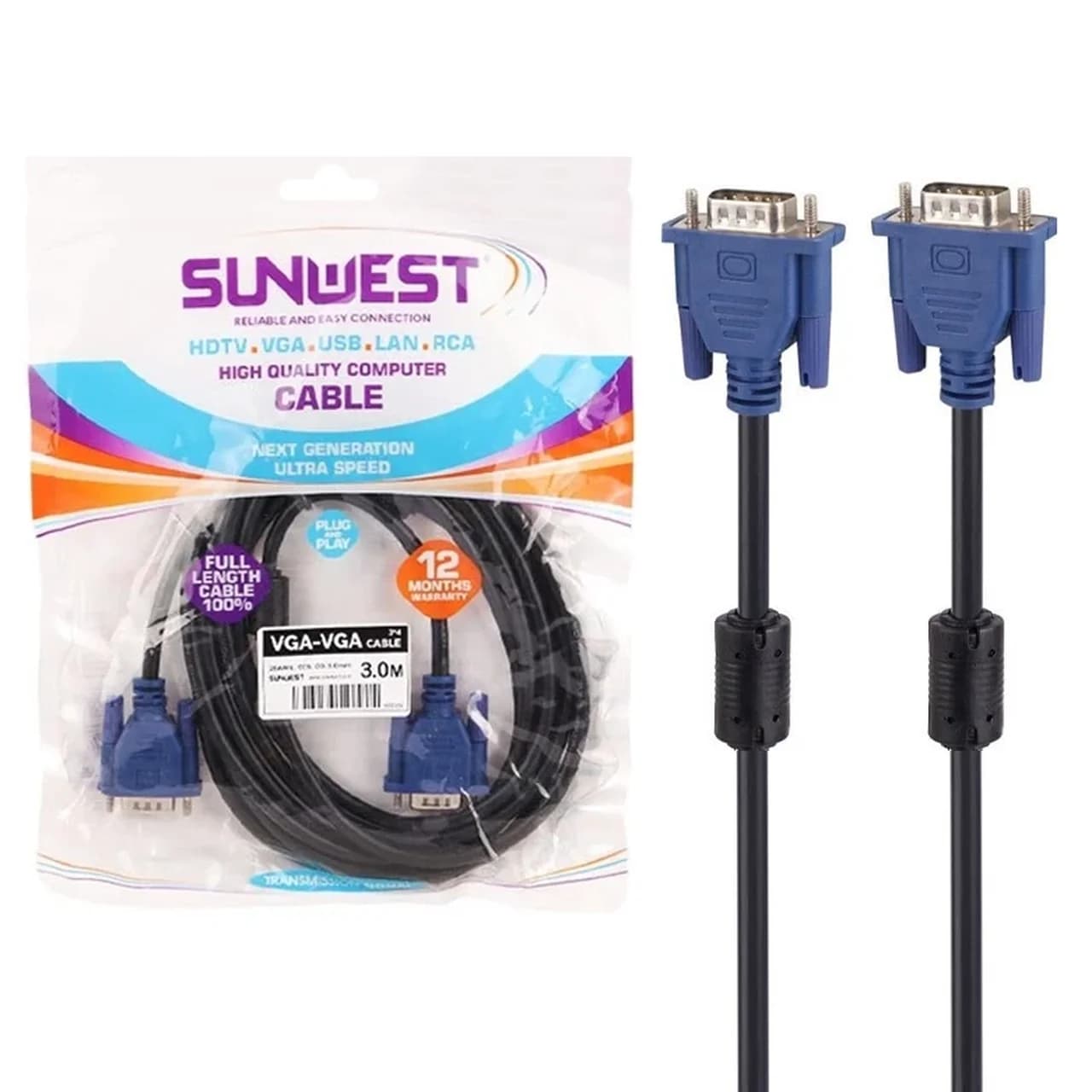 کابل 3 متری SunWest VGA – مشکی – TCO
