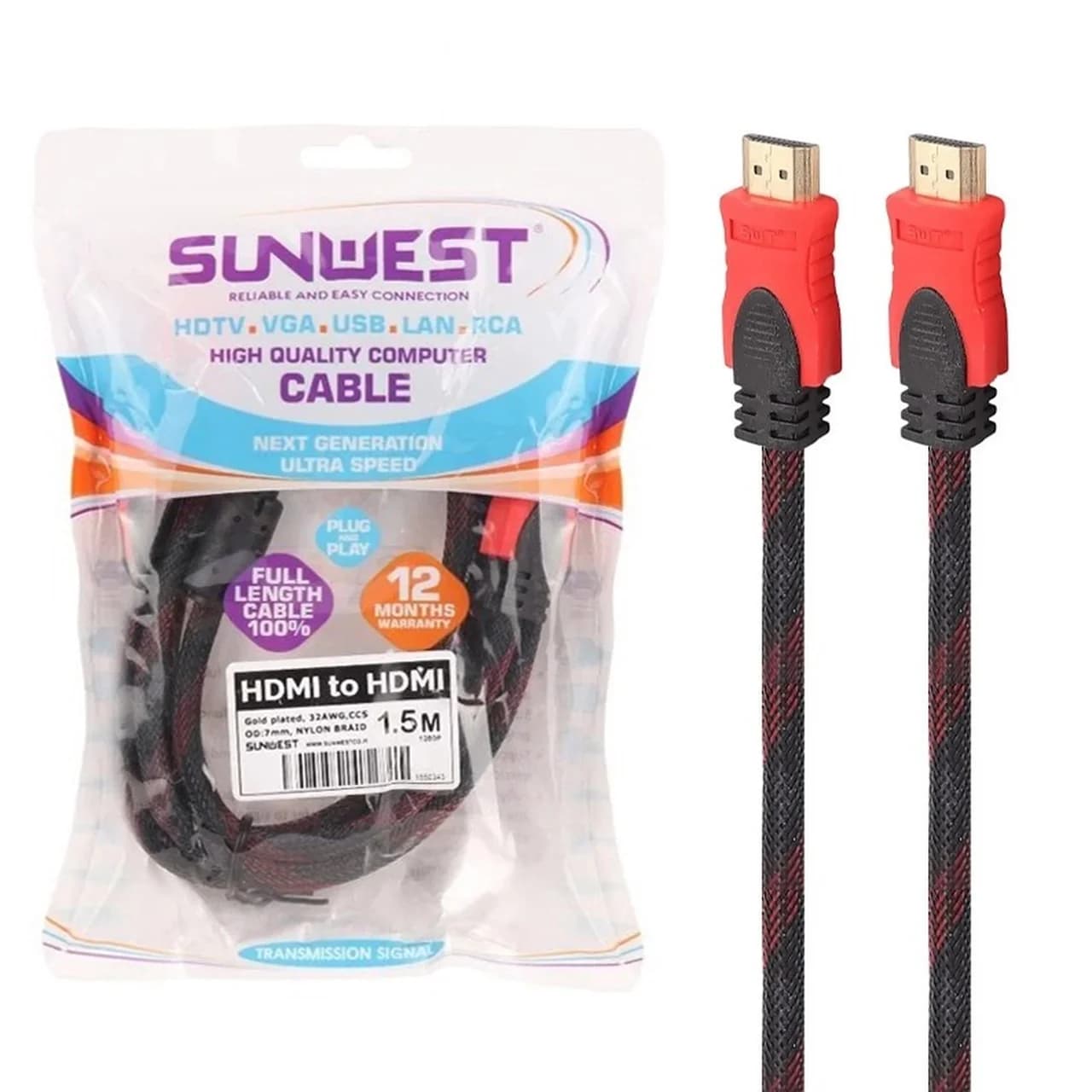 کابل 1.5 متری کنفی SunWest HDMI – مشکی قرمز – TCO