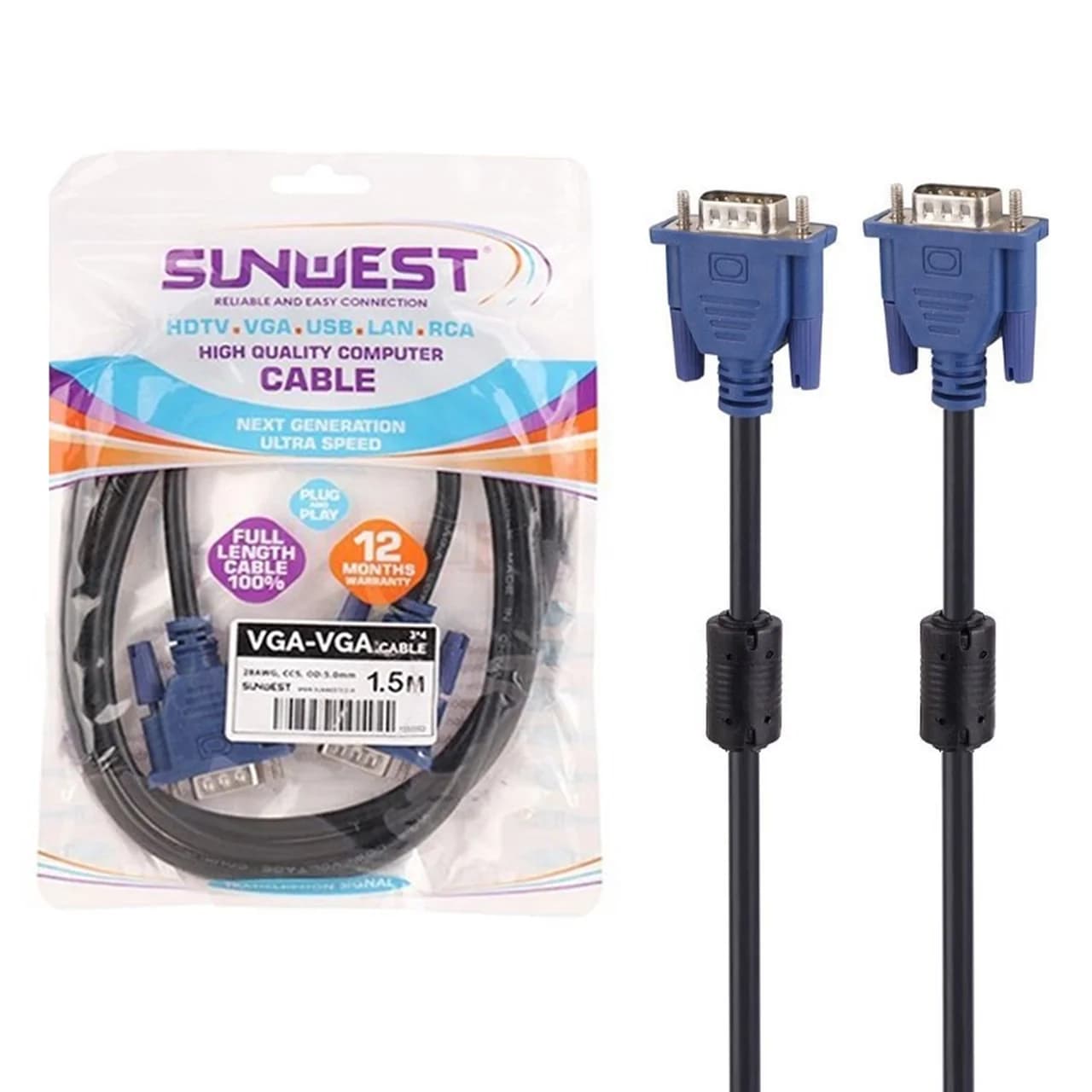 کابل 1.5 متری SunWest VGA – مشکی – TCO