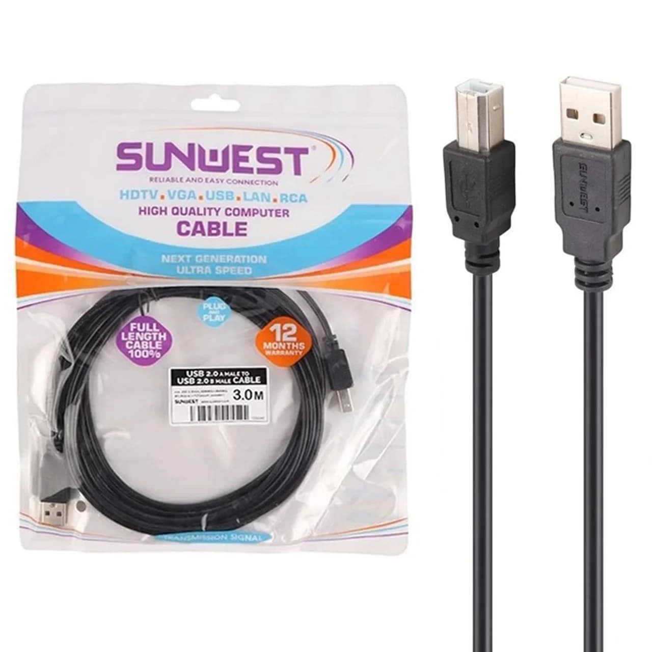 کابل 3 متری پرینتر SunWest – مشکی – TCO