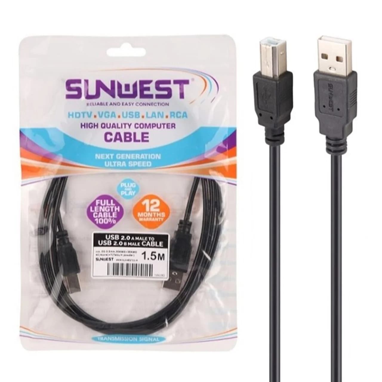 کابل 1.5 متری پرینتر SunWest – مشکی – TCO