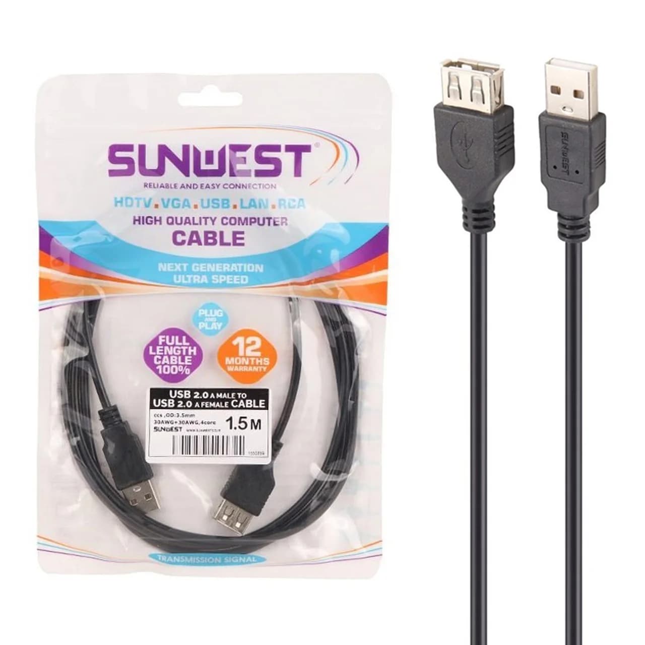 کابل افزایش طول 1.5 متری SunWest USB2.0 – مشکی – TCO