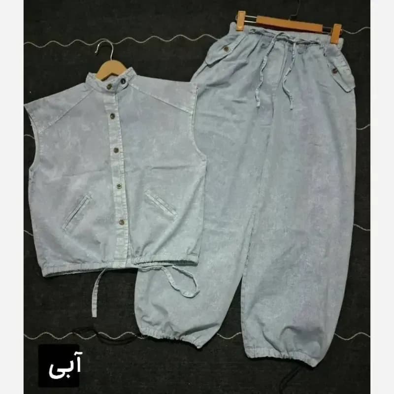 ست وست و شلوار جین زنانه مدل دلین سنگشور شده فول بگ گت دار — تصویر ۵