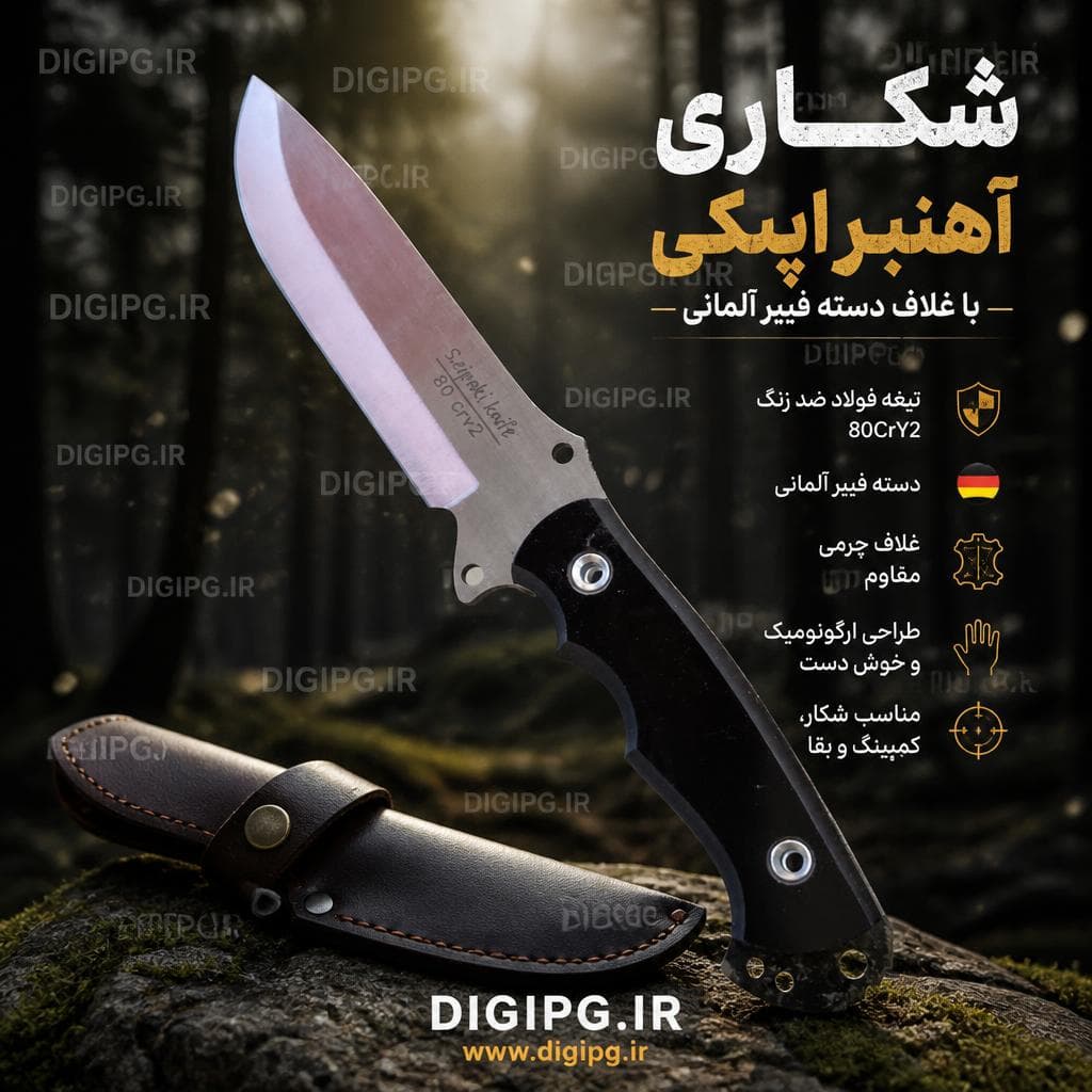 چاقو شکاری آهنبر ایپکی با غلاف دسته فیبر آلمانی