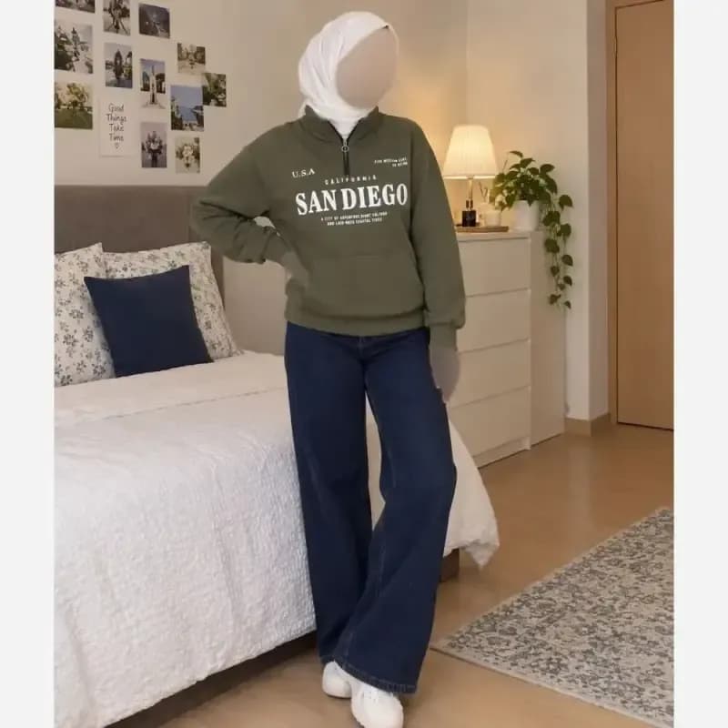 دورس نیم زیپ اسپرت زنانه پسرانه SANDIEGO جنس دورس سه نخ گرم بالا درجه یک رنگ مشکی سبز زیتونی فری سایز — تصویر ۳