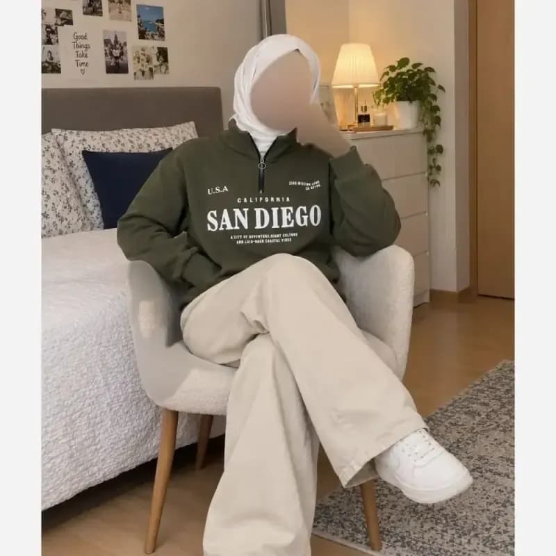 دورس نیم زیپ اسپرت زنانه پسرانه SANDIEGO جنس دورس سه نخ گرم بالا درجه یک رنگ مشکی سبز زیتونی فری سایز — تصویر ۴