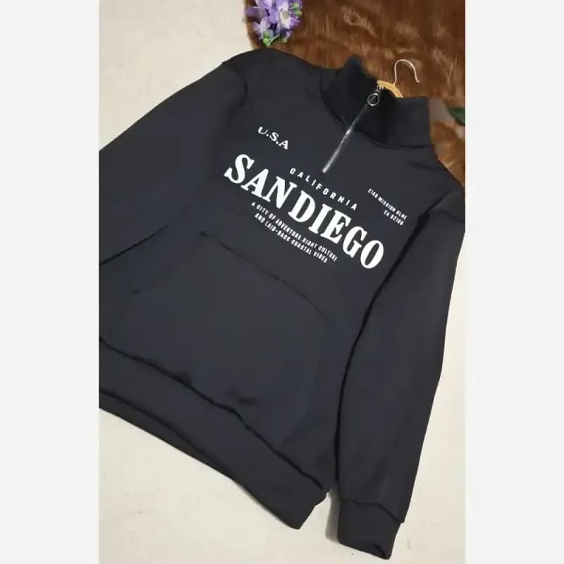 دورس نیم زیپ اسپرت زنانه پسرانه SANDIEGO جنس دورس سه نخ گرم بالا درجه یک رنگ مشکی سبز زیتونی فری سایز — تصویر ۵