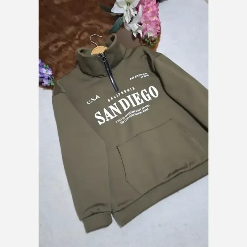 دورس نیم زیپ اسپرت زنانه پسرانه SANDIEGO جنس دورس سه نخ گرم بالا درجه یک رنگ مشکی سبز زیتونی فری سایز — تصویر ۷