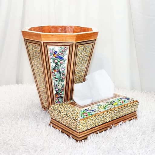 ست جا دستمال کاغذی و سطل زباله 21 سیم خاتم کاری مبلمان اورلین مدل 980857