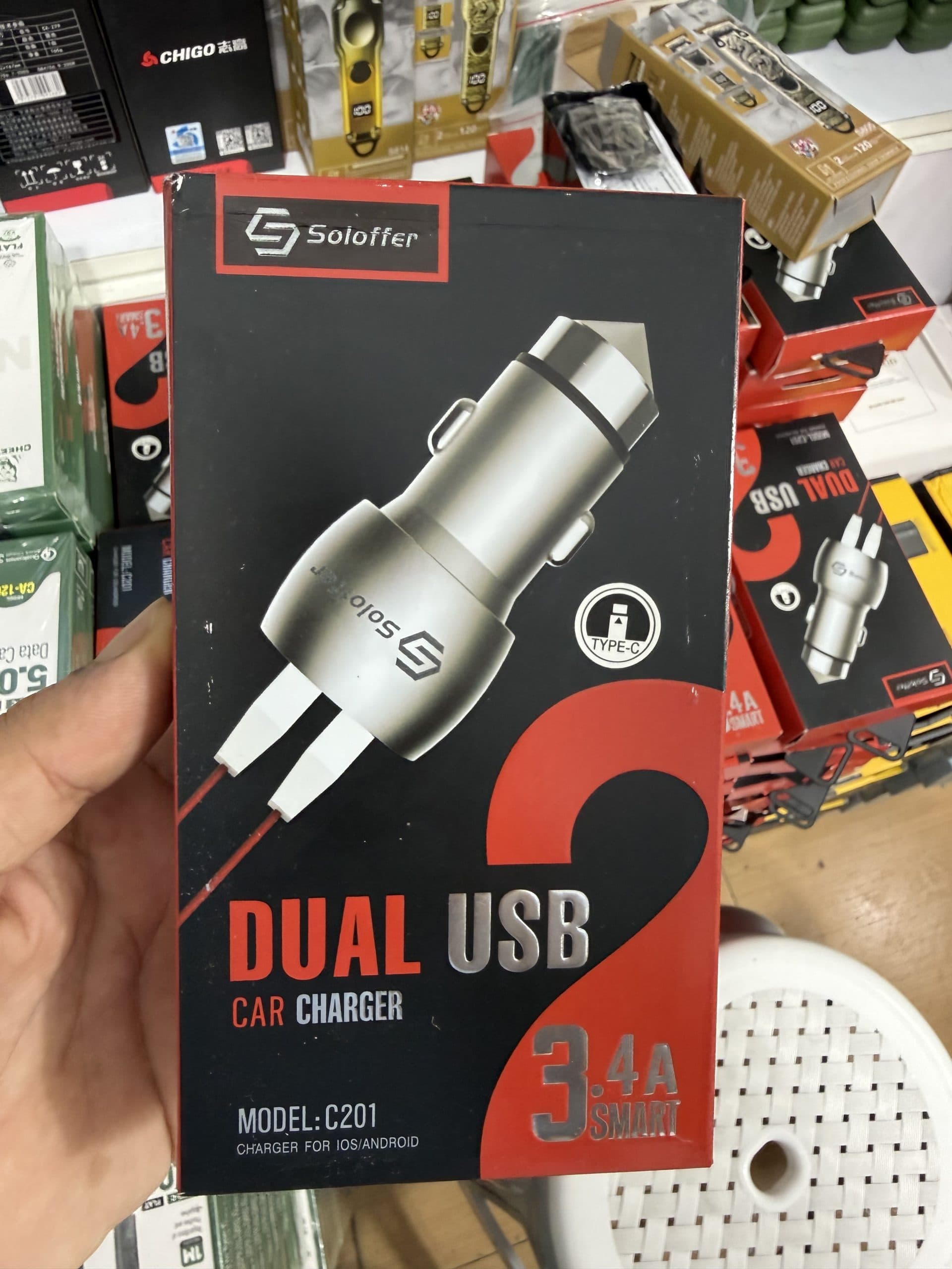شارژر فندکی خودرو دو پورت USB و Type-C برند Soloffer مدل C201 با توان خروجی ۳.۴ آمپر و شارژ سریع اورجینال(عمده و تک)