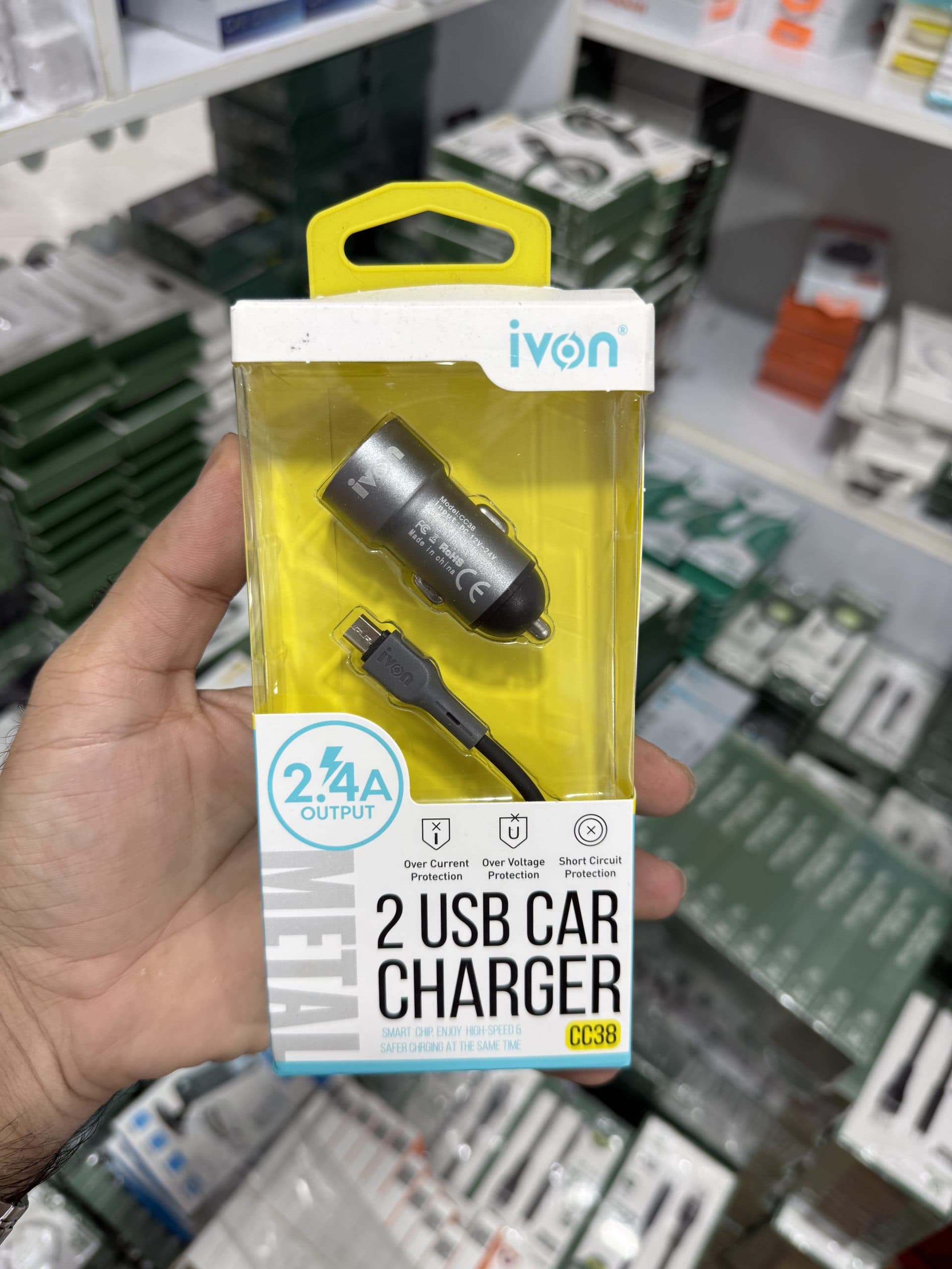 شارژر فندکی اورجینال IVON مدل CC38 دو پورت USB با خروجی ۲.۴ آمپر و کابل همراه (عمده و تک)