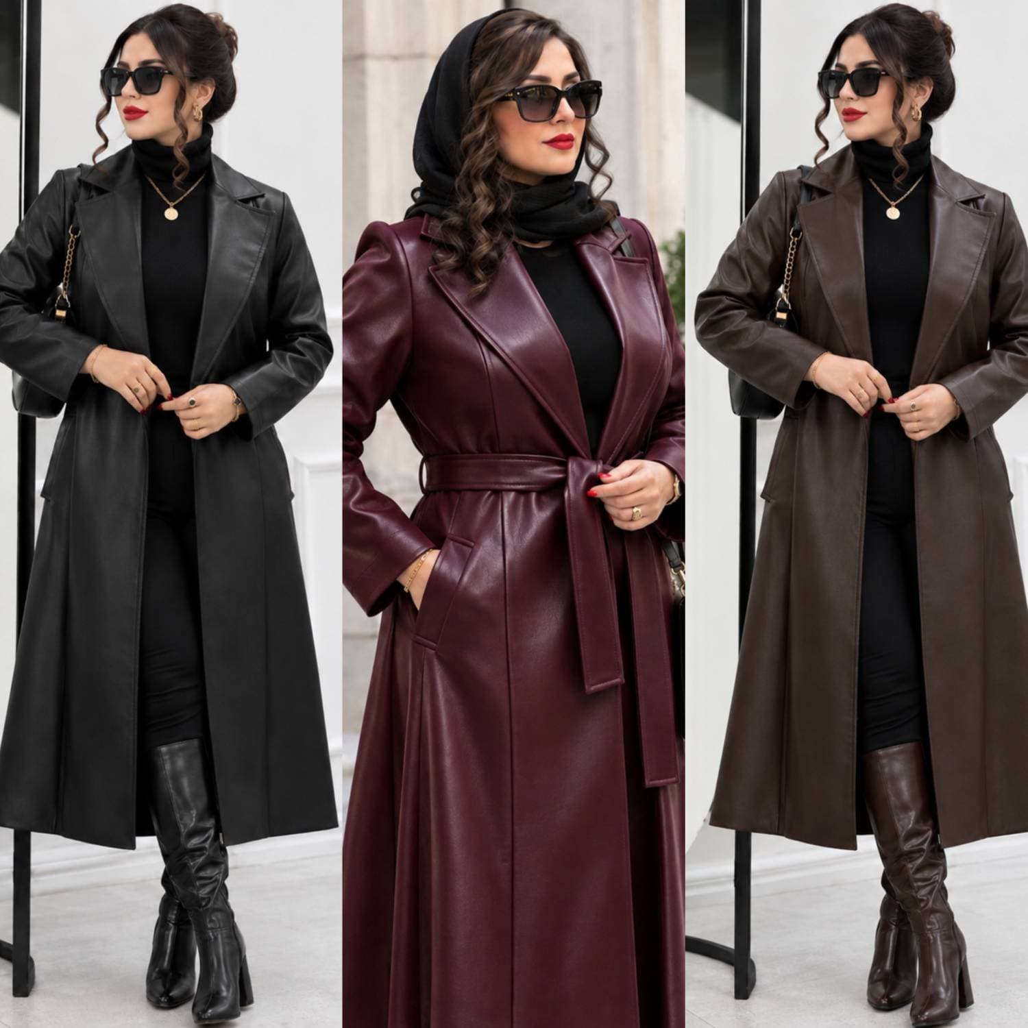 مانتو چرم زنانه بلند دلاریس کمربنددار (کد: ۲۸۱۹۷)
