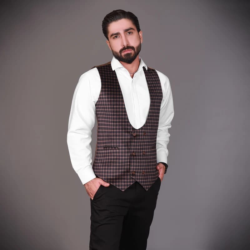جلیقه مردانه مدل مخمل چهارخانه رنگ نسکافه ای — تصویر ۲