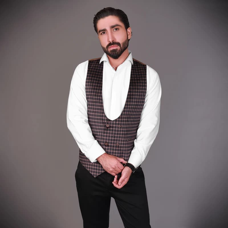 جلیقه مردانه مدل مخمل چهارخانه رنگ نسکافه ای