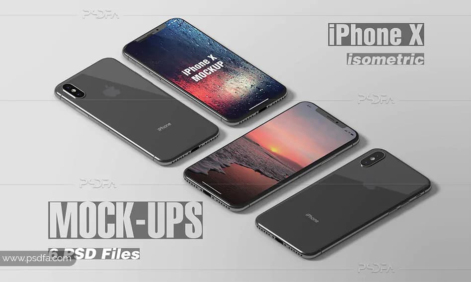 قالب لایه باز موکاپ iPhone X ایزومتریک برای فتوشاپ