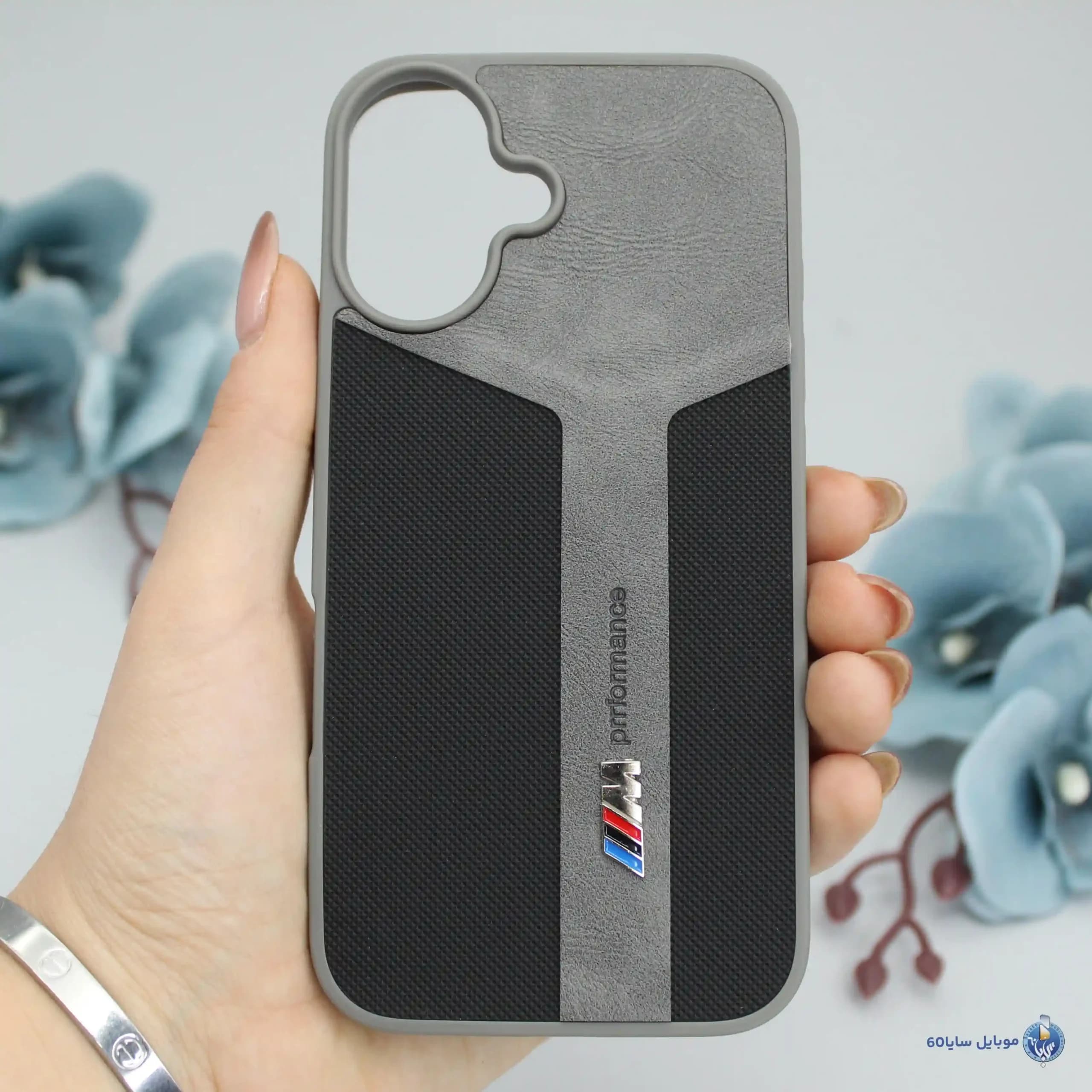قاب گوشی Iphone 16 اپل مدل چرمی طرح BMW رنگ طوسی