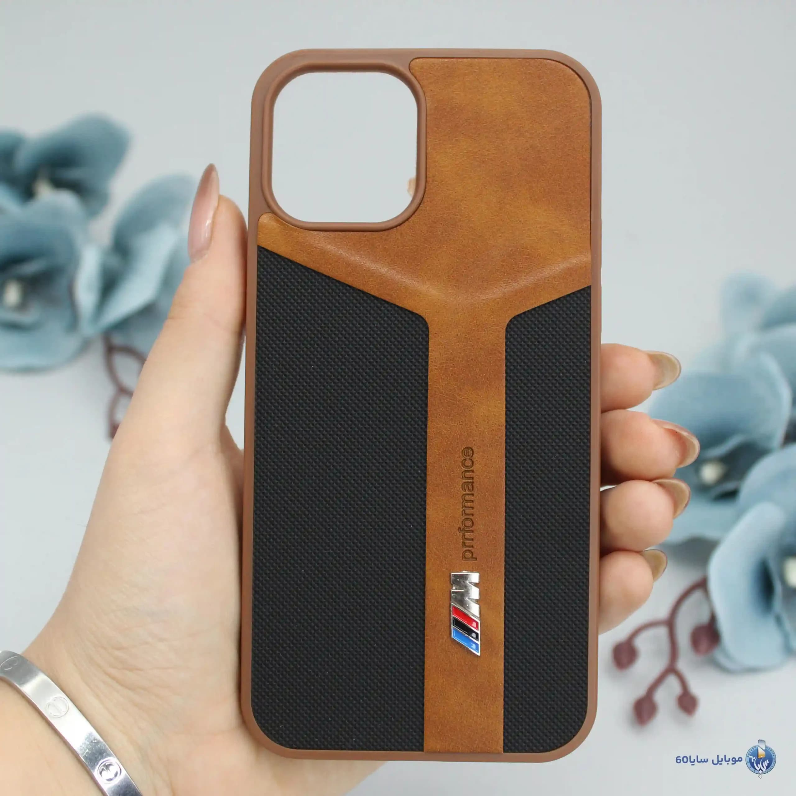 قاب گوشی Iphone 12/12Pro اپل مدل چرمی طرح BMW رنگ قهوه ای روشن